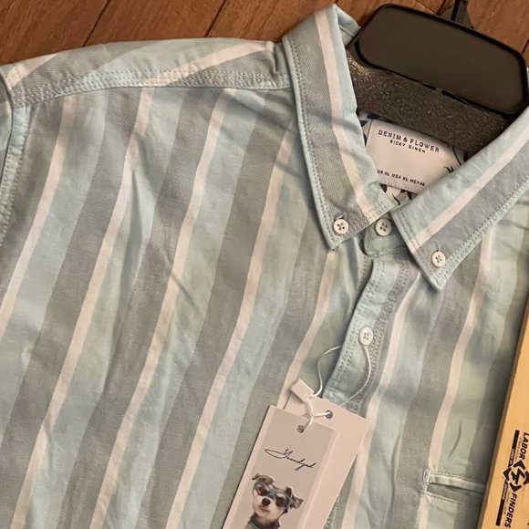 New Denim & Flower Ricky Singh Mint Gray and White Striped Button Down Shirt - Picture 14 of 15